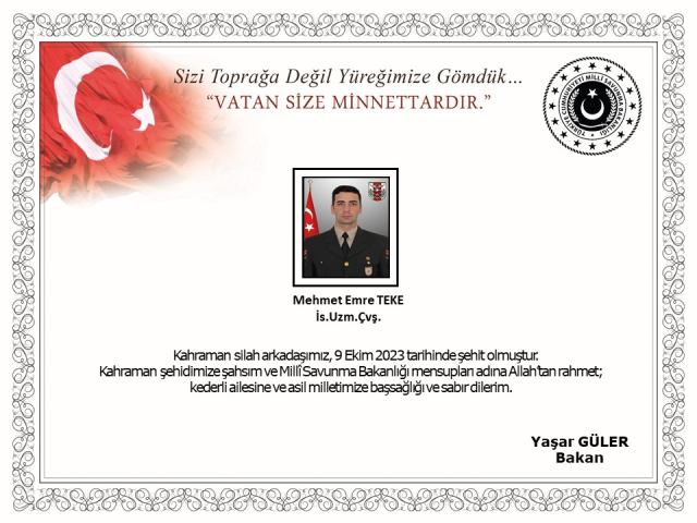 Kuzey Irak'ta teröristlerce açılan ateş sonucu Uzman Çavuş Mehmet Emre Teke şehit oldu