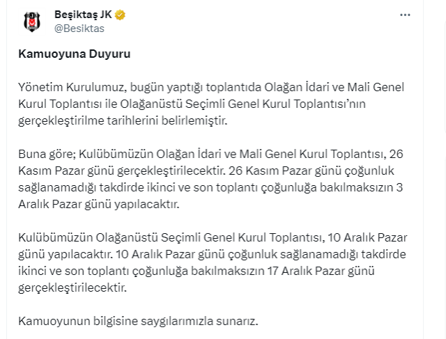 Son Dakika: Beşiktaş'ta başkanlık seçimi yeterli çoğunluk sağlanırsa 10 Aralık, sağlanamazsa 17 Aralık'ta tarihinde yapılacak