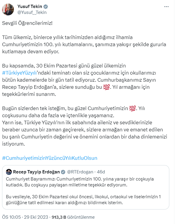 Son Dakika: Cumhuriyet'in 100. yılı kutlamaları dolayısıyla 30 Ekim Pazartesi günü okullar tatil edildi