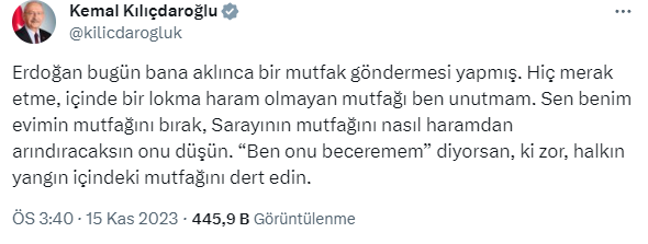 Kılıçdaroğlu'ndan Cumhurbaşkanı Erdoğan'ın mutfak göndermesine yanıt