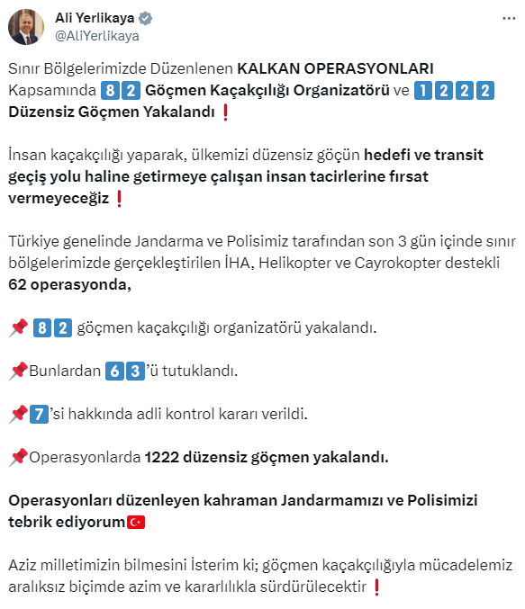 Bakan Yerlikaya: 82 göçmen kaçakçılığı organizatörü ve 1.222 düzensiz göçmen yakalandı