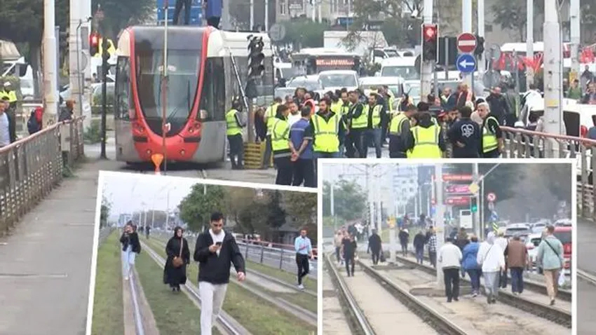 İstanbul'da tramvay arızalandı yolcular raylarda yürüdü