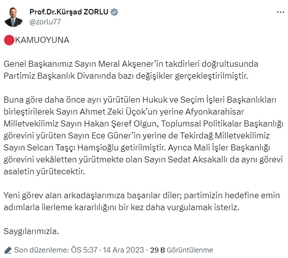 İYİ Parti Başkanlık Divanı'nda değişiklikler yapıldı