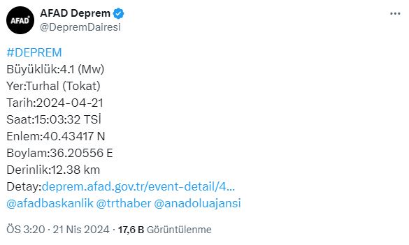 Tokat'ın Turhal ilçesinde 4.1 büyüklüğünde deprem