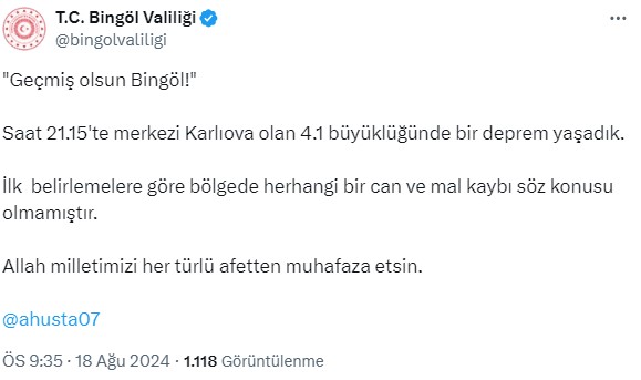 Bingöl'ün Karlıova ilçesinde 4,1 büyüklüğünde deprem