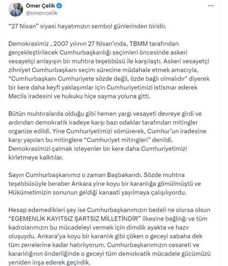 AK Parti'li Çelik'ten '27 Nisan e-muhtıra' mesajı