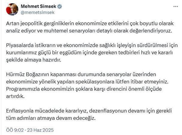 Bakan Şimşek: Senaryolar üzerinden spekülasyonlara itibar etmeyiniz