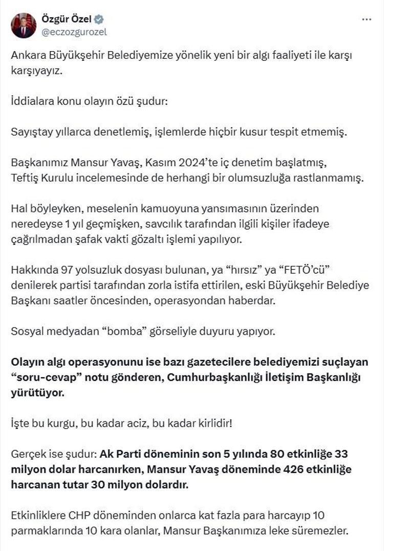 Özgür Özel: Mansur Yavaş başkanımızın sonuna kadar yanındayız